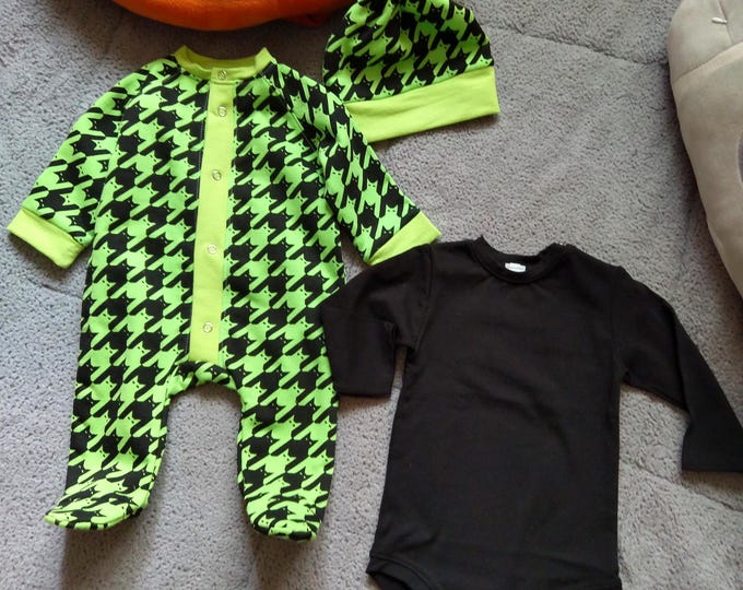 Ready, 3pcs. Newborn coming home outfit, houndstooth green black newborn baby outfit, unisex newborn green houndstooth shower gift