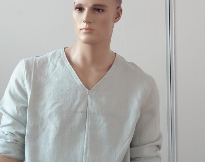 Men's V-neck pure linen Sage green/off white/black/white long sleeves top, long sleeve classic linen men's shirt, Herren leinenhemd