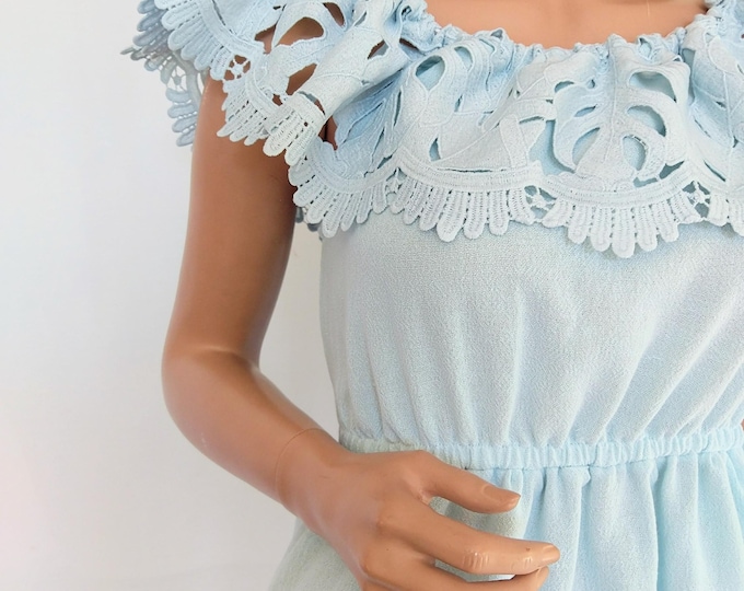 Soft breathable linen off shoulder guipure dress, summer baby blue linen off shoulder Monsters plants guipure women dress,