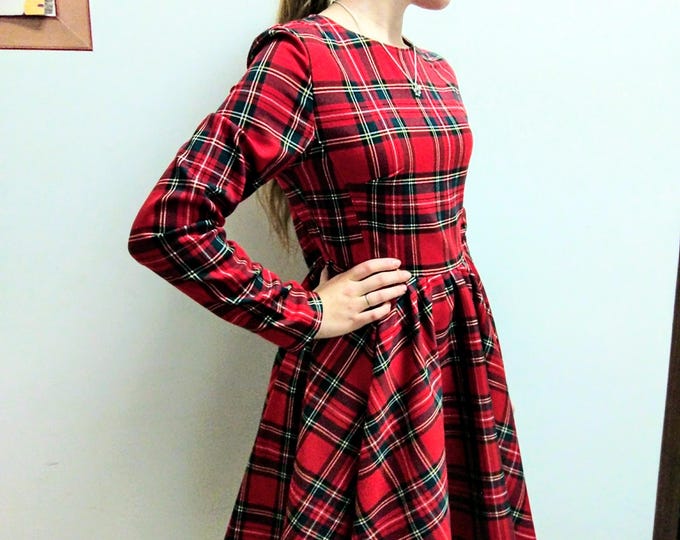 Colors#Elegant classic red tartan check dress,woman tartan dress red/royal blue/beige check dress,Christmas dress, woman checked plaid dress