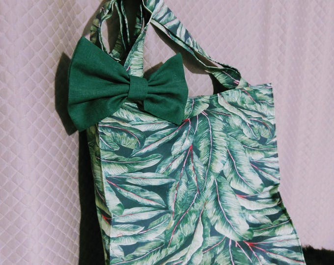 Leaf Linen tote bag,botanical ficus print shopping bag, big green linen bow bag, Leinentorba zum Kauf, plant motifs Leinen tote bag