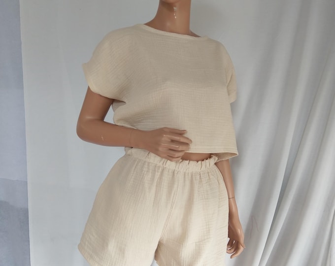 Colors/2pcs set/Muslin woman crop top and short set, double gauze loose crop top, loose double gauze shorts