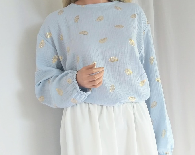 Muslin woman top,double gauze blue,terracotta,mustard long Bishop sleeve loose woman Feathers floral pattern blouse, damen aus musselin