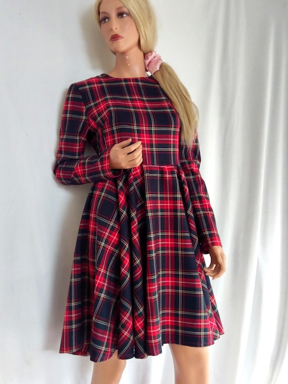 red tartan skater dress Tartan Red Toastie Long Sleeve Skater Dress-BlackMilk