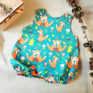 Unisex baby bubble onesie, biologische katoenen baby bubble sunsuit, bubble baby vossen onesie, baby playsuit, Baby katoenen bellen romper, bos, vos
