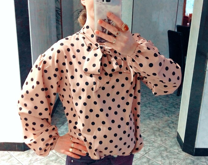 Vintage tie up neck pussybow polka dot nude latte blouse,elegant puffy sleeve polka dot blouse,office blouse,retro nude polka dot top#shirt