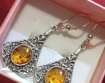 Baltic natural Amber Silver 925 earrings, Adorable Boho retro earrings with Amber, Vintage Silver Amber earrings