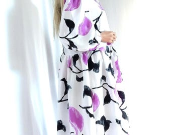 Loose long floral print woman dress, Maxi length purple/black/white pattern summer dress, puffy Bishop sleeve white loose dress viscose