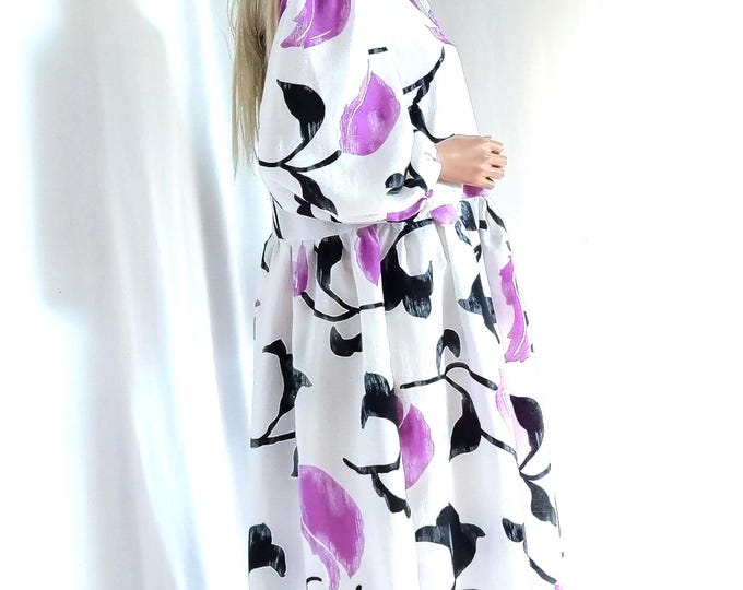 Loose long floral print woman dress, Maxi length purple/black/white pattern summer dress, puffy Bishop sleeve white loose dress viscose