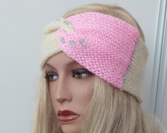 Soft double knitted woollen knotted turban twin color headband,sparkle decoration ears warmers ivory/pink/blue