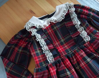 Colors#Vintage retro Peter pan collar Scottish check tartan dress,taufkleid Christmas,puffy sleeves checked dress red check,rustic dress