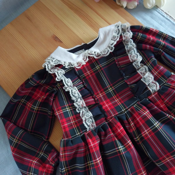 Colors#Vintage retro Peter pan collar Scottish check tartan dress,taufkleid Christmas,puffy sleeves checked dress red check,rustic dress