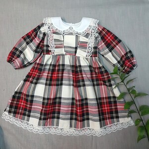 Colors#Vintage retro Peter pan collar Scottish check tartan dress,taufkleid Christmas,puffy sleeves checked dress red check,rustic dress