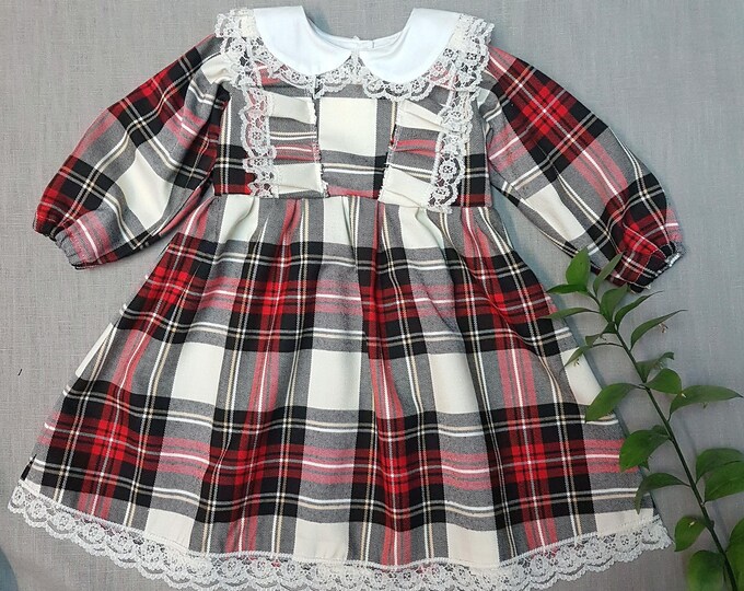 Colors#Vintage retro Peter pan collar Scottish check tartan dress,taufkleid Christmas,puffy sleeves checked dress red check,rustic dress