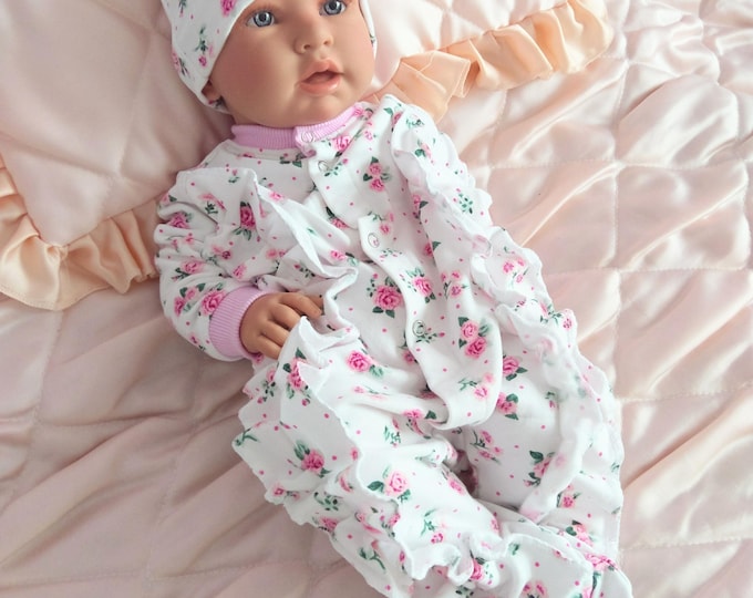 2pcs set newborn baby girl footed soft white pink roses romper and knotted hat, coming home baby girl roses white set, little princess set