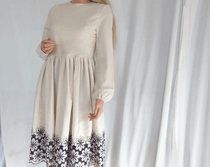 Limited#Solid beige linen woman dress,Floral embroidered elegant long sleeves linen dress, Damen Leinen kleid