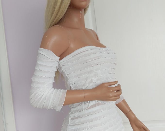 White ruffled attached sleeves extra small bodycon dress, fitted see throw lingerie dress, night sexy dress white mini