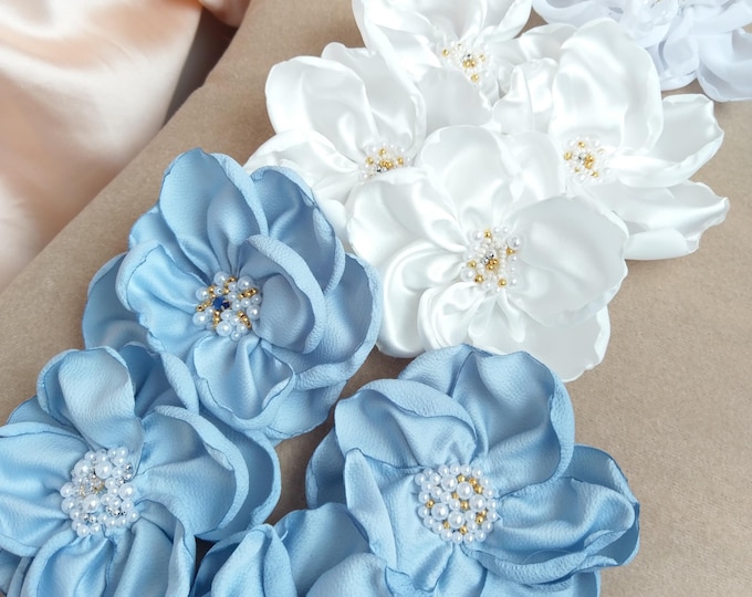 Sewing application flower, soft satin/chiffon white blue ivory big flower application with beads,dress/headband/clothes/bags decor flower