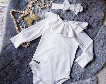 Vintage-Baby-Trikot mit Rüschenkragen, Baby-Coming-Home-Outfit, weißes Trikot-Baby-Set, Trikot-Stirnbandset, Körper mit Rüschen für ein Neugeborenes