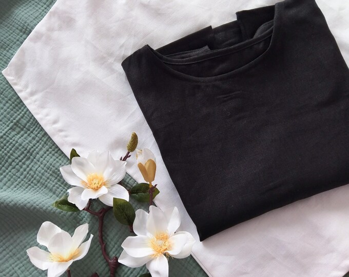 Linen top 2pcs. set, black and white linen basic classicloose-fitting boxy short sleeves top blouse, Damen Bluse aus Leinen Set,