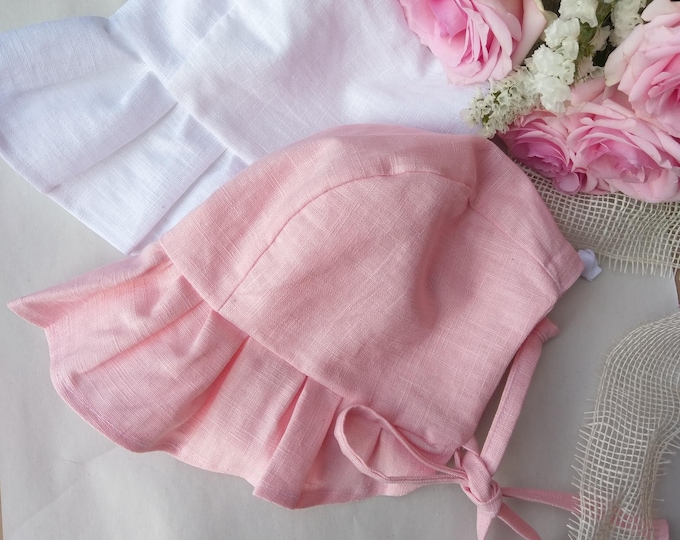 Colors#Linen baby bonnet, ruffled linen bonnet,linen baby girls sun hat, boho bonnet, retro brimmed linen bonnet