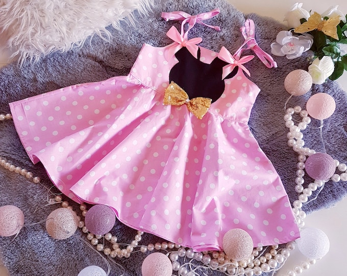 Mouse Baby girl pink polka dot sundress,pinafore pink baby dress,Cotton Mouse birthday dress,gold sequin bow sundress