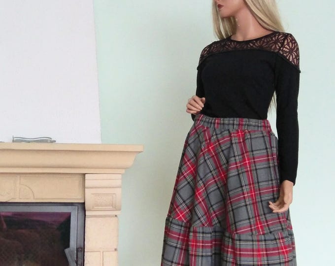 Vintage retro classic Checked midi skirt woman,tartan check, grey, red, blue, check ruffled woman skirt, Damen Rock