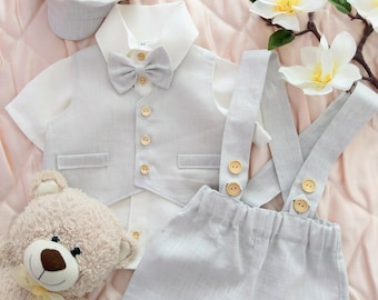 4 pcs.blue/white suit,Christening baby linen outfit,linen blue suspenders pants,linen baptism outfit,birthday wedding linen suit