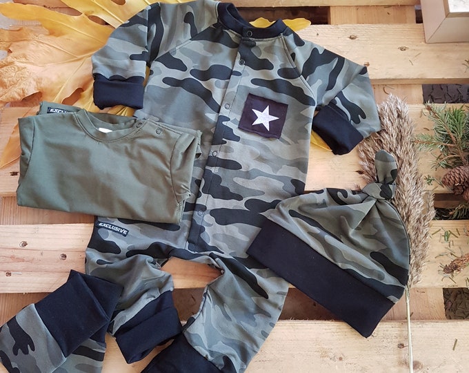 5 pcs newborn coming home outfit camouflage, Camouflage baby romper/pants/knotted hat/leotard/scratch mittens,military baby boy girl outfit