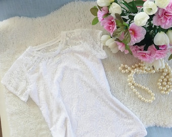 Girl woman lace guipure t-shirt, lace mom and daughter shirt top, elegant white lace sweetheart shirt