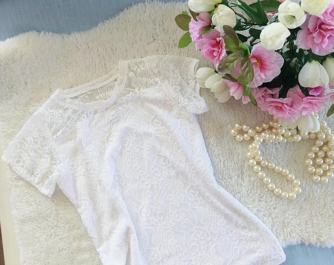Girl woman lace guipure t-shirt, lace mom and daughter shirt top, elegant white lace sweetheart shirt