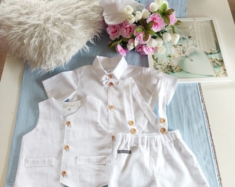 3pcs. Set White linen boy shirt/shorts/hat/vest, boy linen white suit, suspender linen shorts, birthday boy outfit, wedding boy linen suit