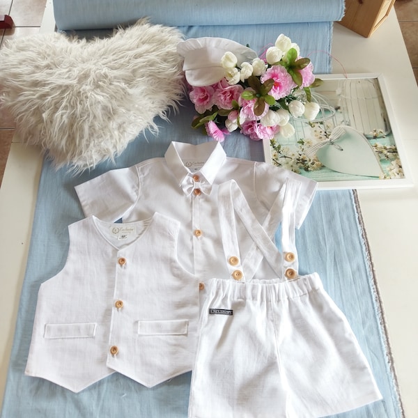 3 pièces. Ensemble chemise/short/chapeau/gilet garçon en lin blanc, costume blanc en lin garçon, short en lin jarretelles, tenue garçon anniversaire, costume en lin garçon mariage