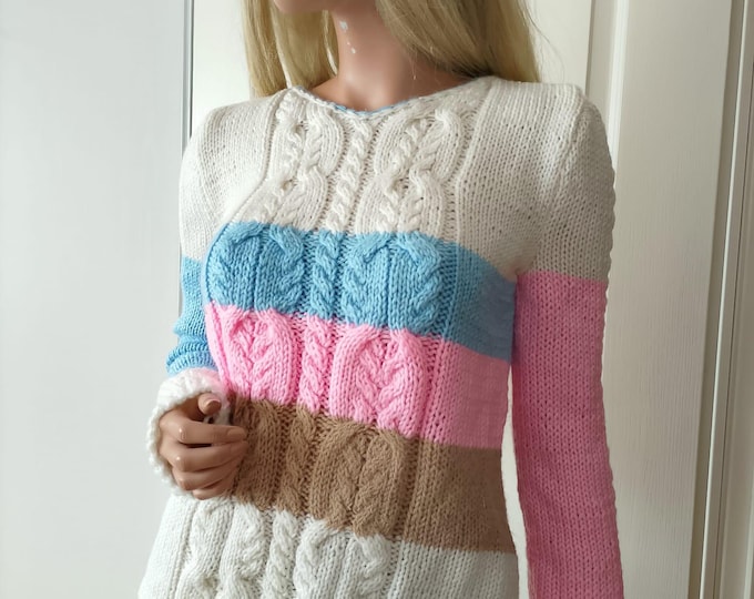 Only one extra Soft color block striped alpaca/merino wool hand aran knitted sweater,V-neck cables aran knitted original woollen sweater