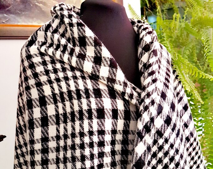 Woollen huge black and white check unisex scarf/shawl /throw, luxurious tartan checkered oversize large plaid poncho shawl, classic Boho