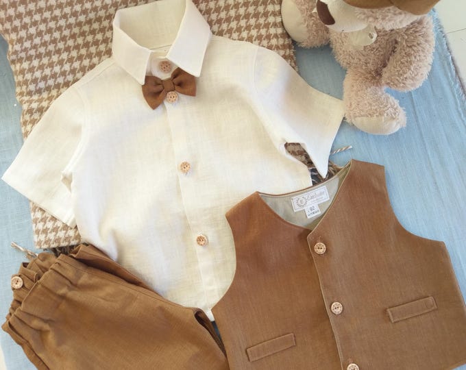 4pcs Suit,sage green/blue/red/orange/beige/navy/black/white/ecru pure linen boy suit,Christening linen suit,wedding boy linen suit,birthday