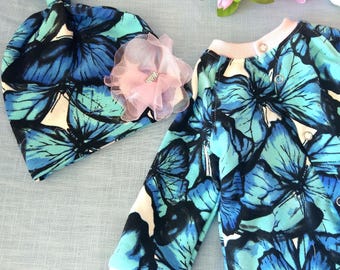 Ready,Butterfly blue pink baby girl coming home outfit,colorful lovely footed romper knotted hat set, Strampler für ein Neugeborenes