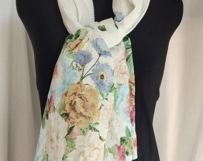 Luxury pure 100proc.linen high quality woman floral shawl,elegant digital print linen big scarf light pistachio floral field scarf