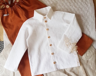 Camisa lino blanca bebe/niños/hombre/camisa lino manga larga camisa lino botones madera niño recién nacido adulto, Leinenhemd weiß für Kinder, Hombre