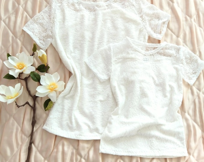 Girl woman lace guipure t-shirt, lace mom and daughter shirt top, elegant white lace sweetheart shirt