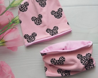 Mütze beanie girls mouse beanie hat,Pink Beanie und Loop, mouse heads Sweat und Jersey kindermütze,mützen set Mouse Kinder Mütze und Schal