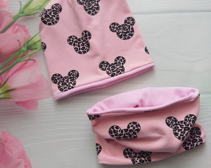 Mütze beanie girls mouse beanie hat,Pink Beanie und Loop, mouse heads Sweat und Jersey kindermütze,mützen set Mouse Kinder Mütze und Schal