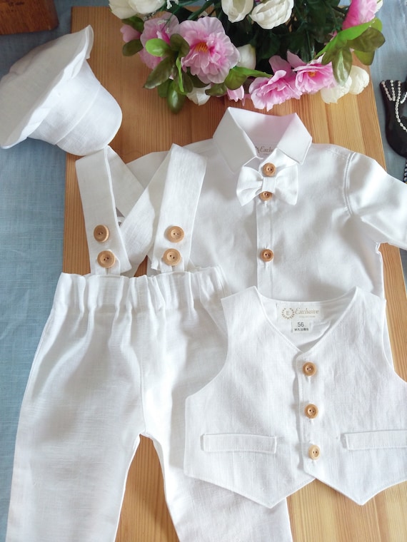 4 pcs.blue/white suit,Christening baby linen outfit,linen blue suspenders pants,linen baptism outfit,birthday wedding linen suit