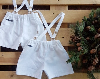 Color choice #pure linen suspender shorts, summer white/beige/terracotta /mustard/green/ blue shorts, birthday christening wedding shorts