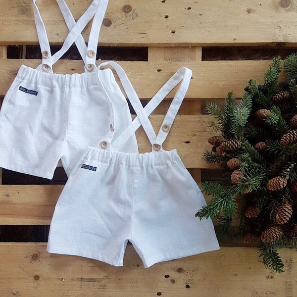 Color choice #pure linen suspender shorts, summer white/beige/terracotta /mustard/green/ blue shorts, birthday christening wedding shorts