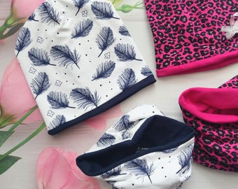 2 pcs Beanie-Mütze und Snood für Mädchen, Mütze- und Schal-Set, Fuchsia-Leopardenmütze, Federmütze und Schal, Beanie and snood set for girl