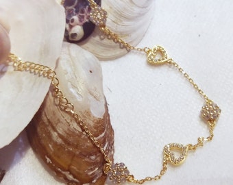 Love zirconium silver sterling 925 gold plated hand chain with hearts and flowers, lovely gift, liebe heren gift, Valentines day