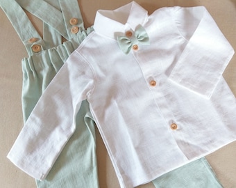 Colori#set 2 pezzi in lino#pantaloni e camicia in lino con bretelle,vestito in lino per battesimo,vestito in lino per matrimonio,vestito per neonato color salvia,primo compleanno