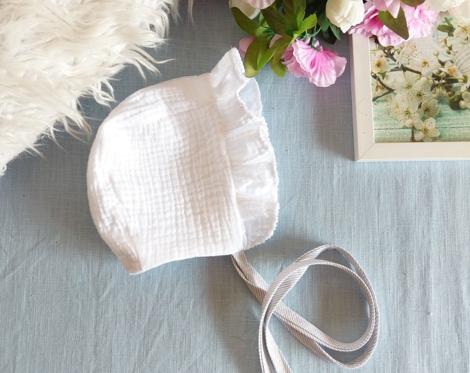 Ready#Colors#Soft muslin ruffled bonnet, Muslin double gauze sun hat, Bonnet Hut aus Musselin, Weißes Musselin hut