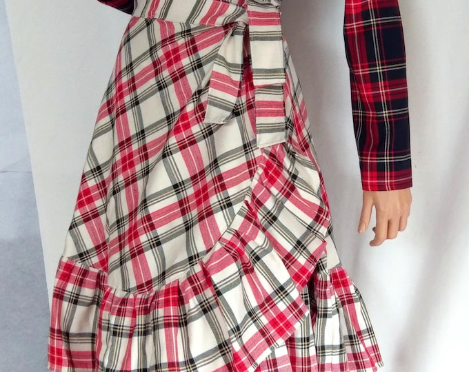 Colors#ruffle trim wrap knot side skirt ,checkered wrap skirt,Elegant retro vintage checked wrap skirt, Damen rock, pregnancy wrap skirt